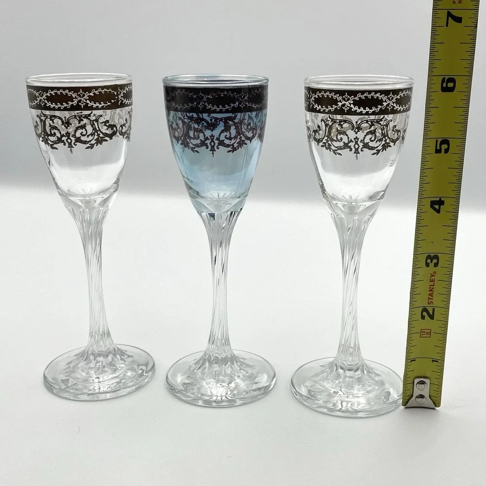 Vintage 1960s Italian Platinum Overlay Cordial Liquor Glasses Set of 3 Decorated